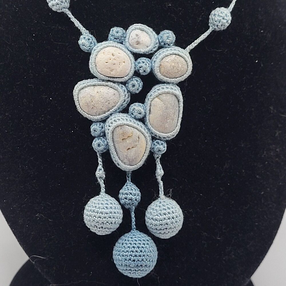 Unique Bohemian Something Blue Crochet Stone Extra Long Necklace 31 in